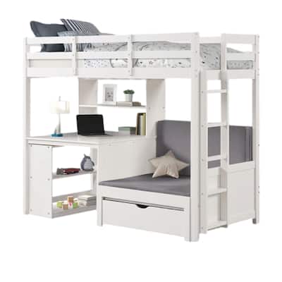 Sirius Twin Loft Bed, Bookcase and Desk, Shelf Unit, White Pine Wood