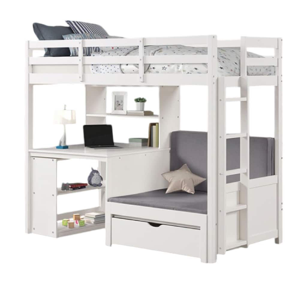 Sirius Twin Loft Bed, Bookcase and Desk, Shelf Unit, White Pine Wood
