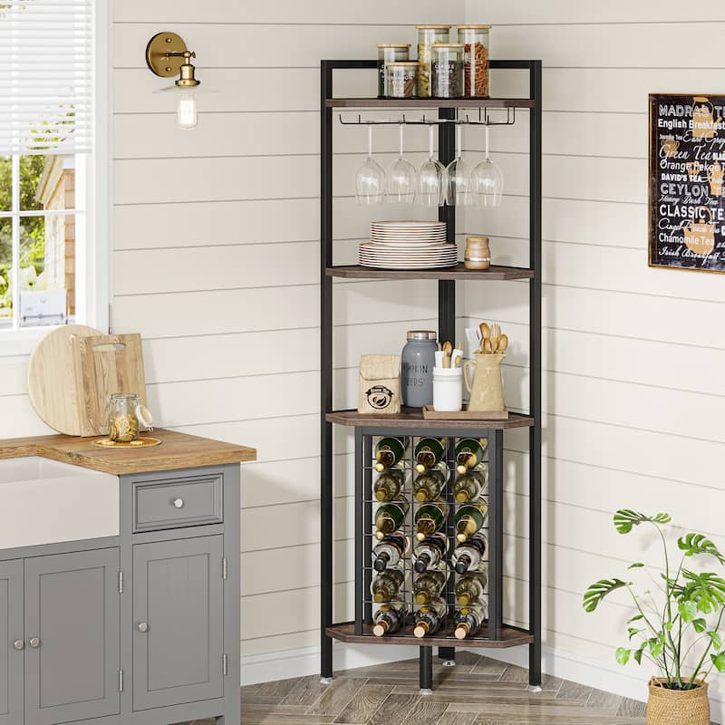 4-tier Freestanding Corner Wine Rack with Glass Holder and Storage Shelves