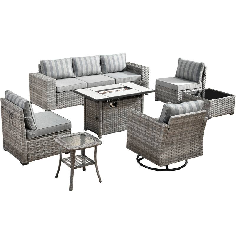 HOOOWOOO 9-piece Wicker Outdoor Modular Wide Armrest Sectional Set Fire Pit Set