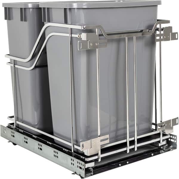 slide 2 of 5, Hardware Resources 15" Bottom Mount Double Bin Pull Out Trash Can with Polished Chrome / Grey