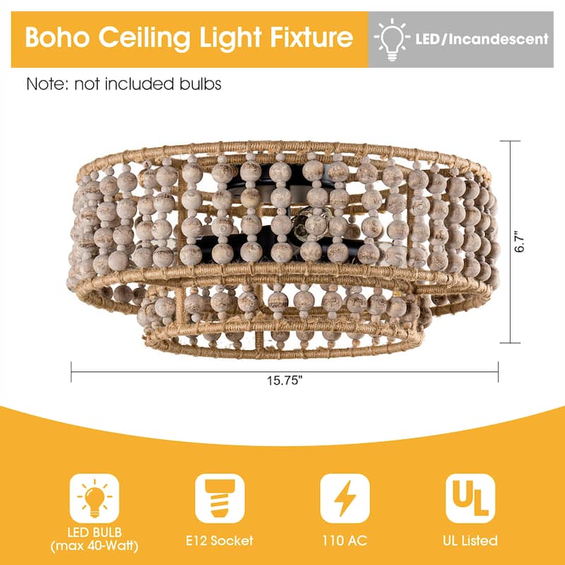 Bohemia 3-Light Antique White Two-Tier Hand-Beaded Drum Flush Mount Ceiling Light - 15.75-in W