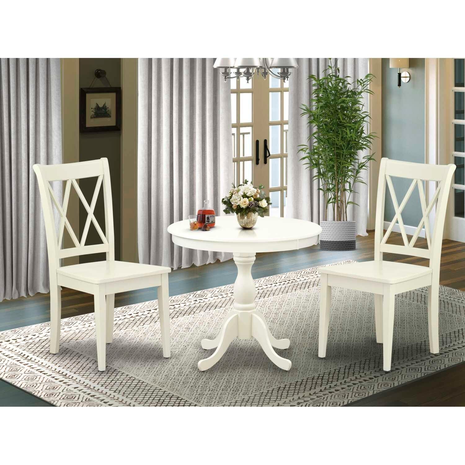 3-Piece Linen White Finish Solid Wood Top - Dining Room Set - Seats 4