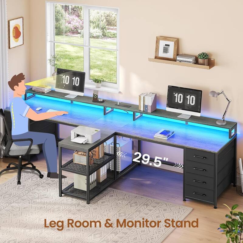 94.5" Two Person Desk with 8 Fabric Drawers Gaming Desk LED Lights