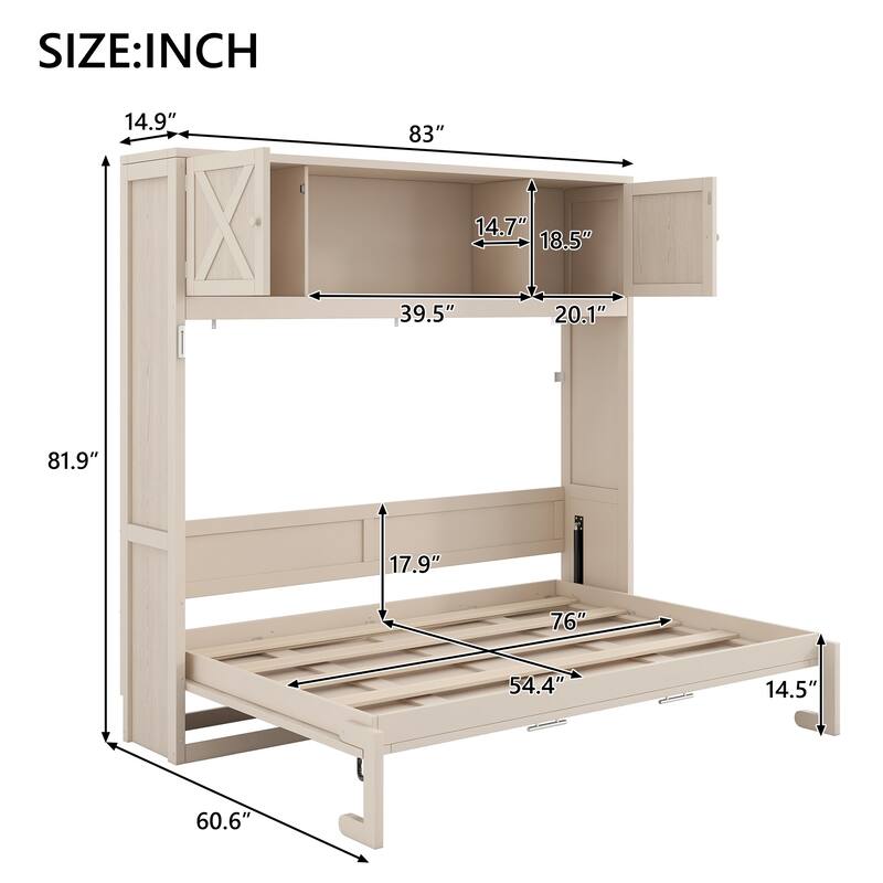 Full Size Murphy Bed Space Saving Cube Cabinet Bed Frame with Top Storage Bookcase Cabinets, Foldable Platform Bed Frame