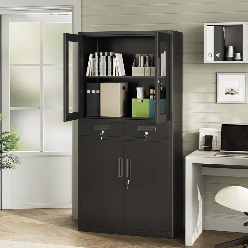 71" Black Metal Storage Cabinet with Glass Doors for Workshop, Office - N/A