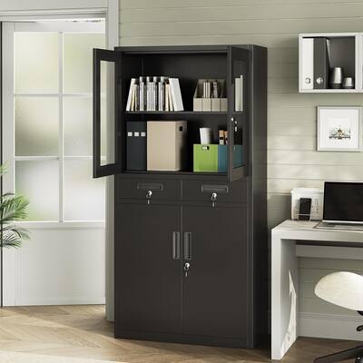 71" Black Metal Storage Cabinet with Glass Doors for Workshop, Office - N/A