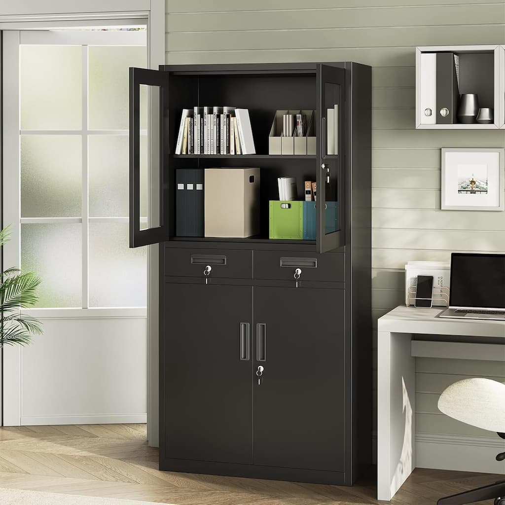 71" Black Metal Storage Cabinet with Glass Doors for Workshop, Office - N/A
