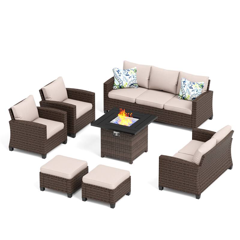 9-Seat Patio Furniture Wicker Rattan Outdoor High-back Sectional Sofa Conversation Set with Firepit Table