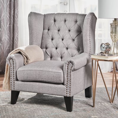 Grey Modern 30" High Back Upholstered Button Tufted Accent Chair with Nailheads for Living Room