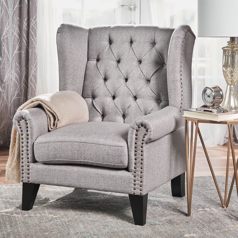 Roomfitters Tufted Wingback Accent Chair, Upholstered Armchair with Nailhead Trim and Solid Wood Legs - Grey
