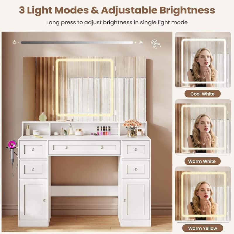 Makeup Vanity Trifold Mirror Charging Station 5 Drawers LED Light Hidden Jewelry Hook