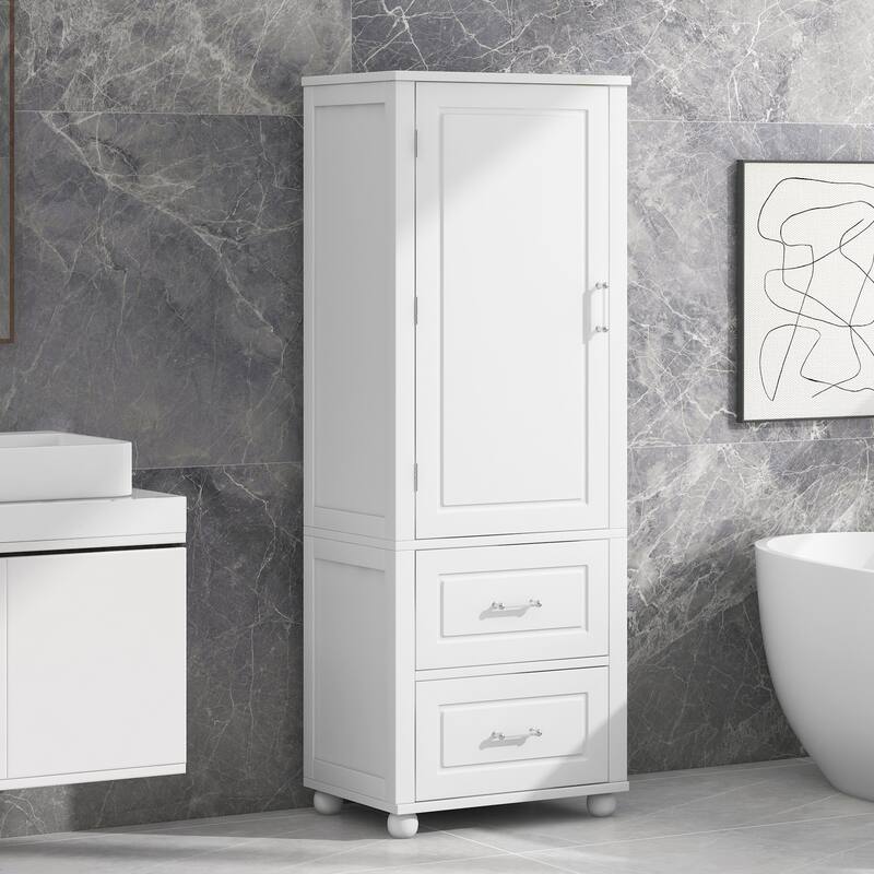 GDFStudio - Rowan Tall Freestanding Bathroom Storage Cabinet with Two Drawers and Adjustable Shelf