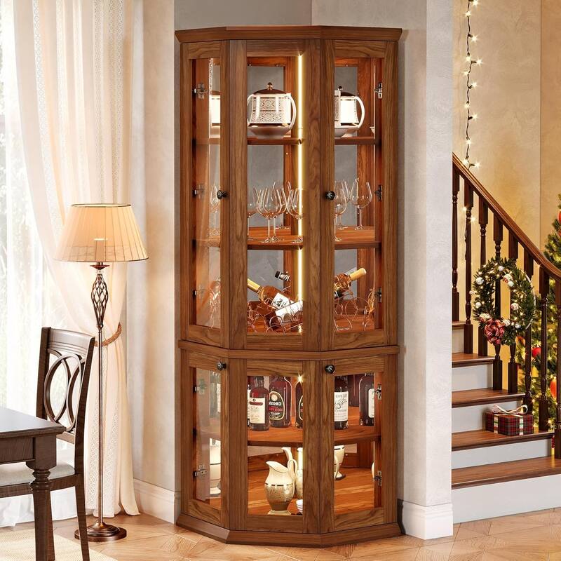 71 Inches Brown Wood Corner Bar Cabinet, 5-Tier Wine Cabinet with Doors & LED Lights for Living Room
