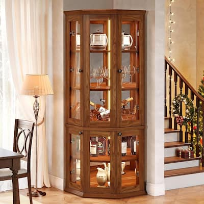 71 Inches Brown Wood Corner Bar Cabinet, 5-Tier Wine Cabinet with Doors & LED Lights for Living Room