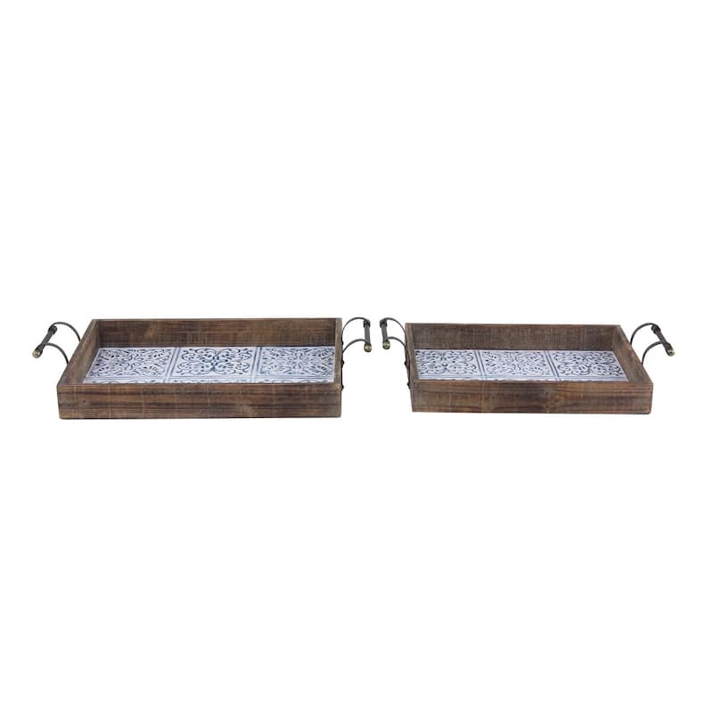Brown Wood Living Room Decor Tray with Tile Patterns (Set of 2) - 23 x 13 x 4