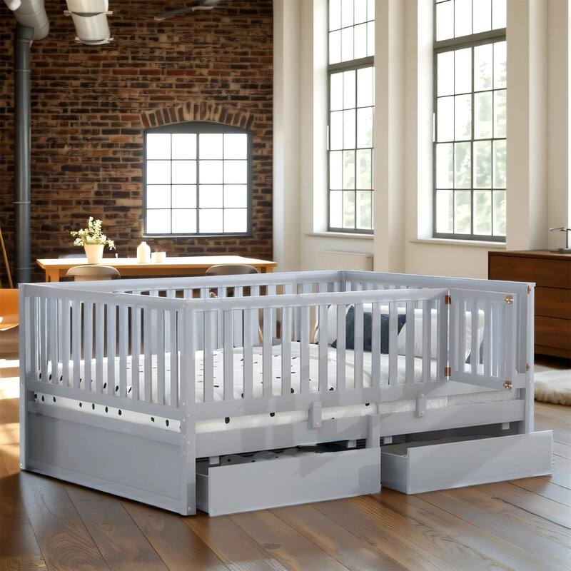 Full Size Wood Daybed with Fence Guardrails and 2 Drawers - Gray