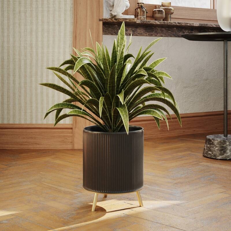 Everett Black Mid-Century Modern Indoor Metal Pot Planter with 3-Leg Metal Base - 10.5" H  x 8" W - Gold