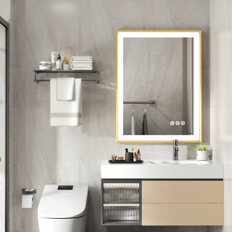 Gold Aluminium Alloy Frame Illuminated LED Bathroom Mirror - 32" x 24" Rectangular