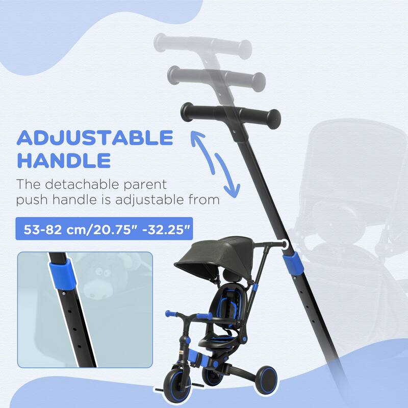 Qaba 3-in-1 Toddler Tricycle with Aluminum Frame, Kids Trike with Adjustable Push Handle, Canopy and Seat Angle for 18-48 Months