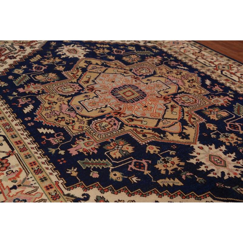 Blue Geometric Heriz Serapi Indian Area Rug Handmade Wool Carpet - 8'9"x 11'11"