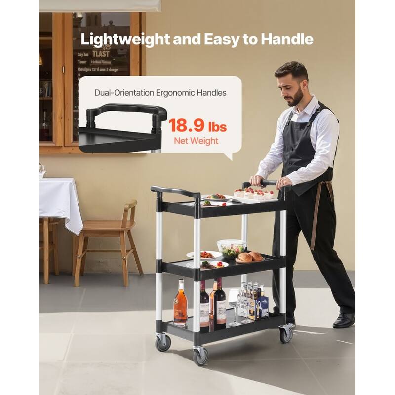 Black 3-Tier Metal Rolling Utility Cart Mobile Organizer with Locking Wheels for Garage and Home Storage - 34.65 x 16.14 x 39 in