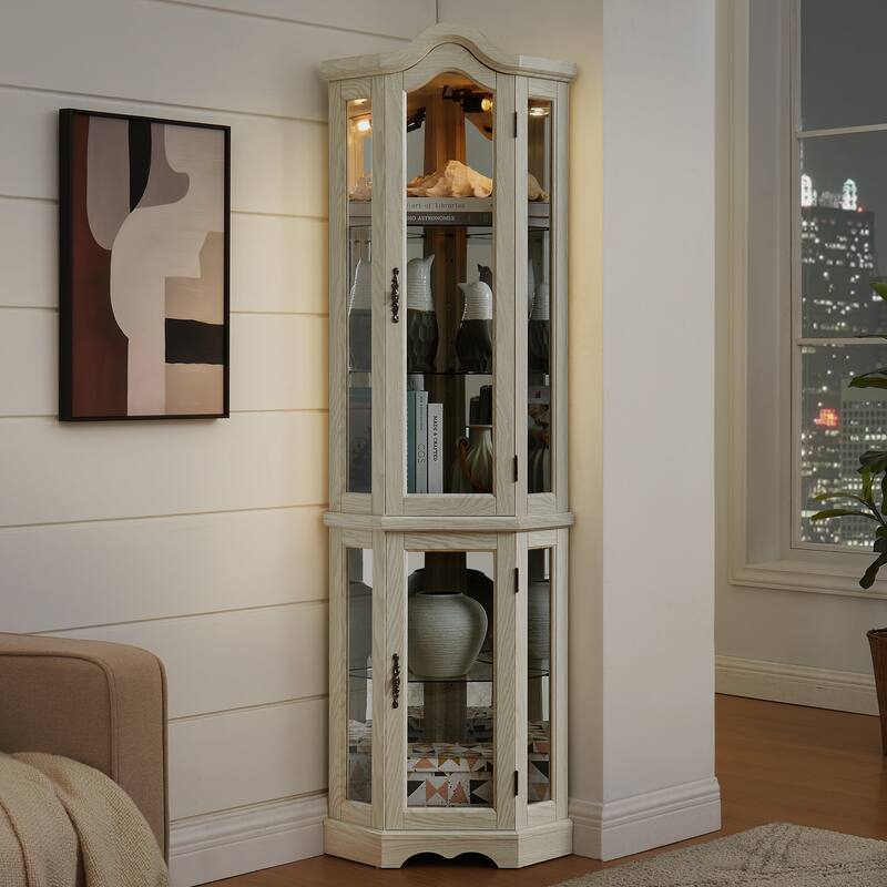 Lighted Corner Curio Cabinet, Freestanding Glass Display Cabinet, Wooden China Cabinet with Tempered Glass Doors & Shelves
