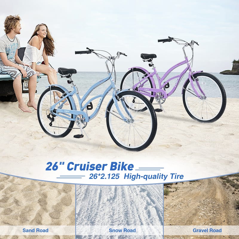 7 Speed Comfort Bicycles, City Road Commuter Bicycles 26 Inch Beach Cruiser Bike w/Dual Brakes, Buffer Stability for Boys, Girls