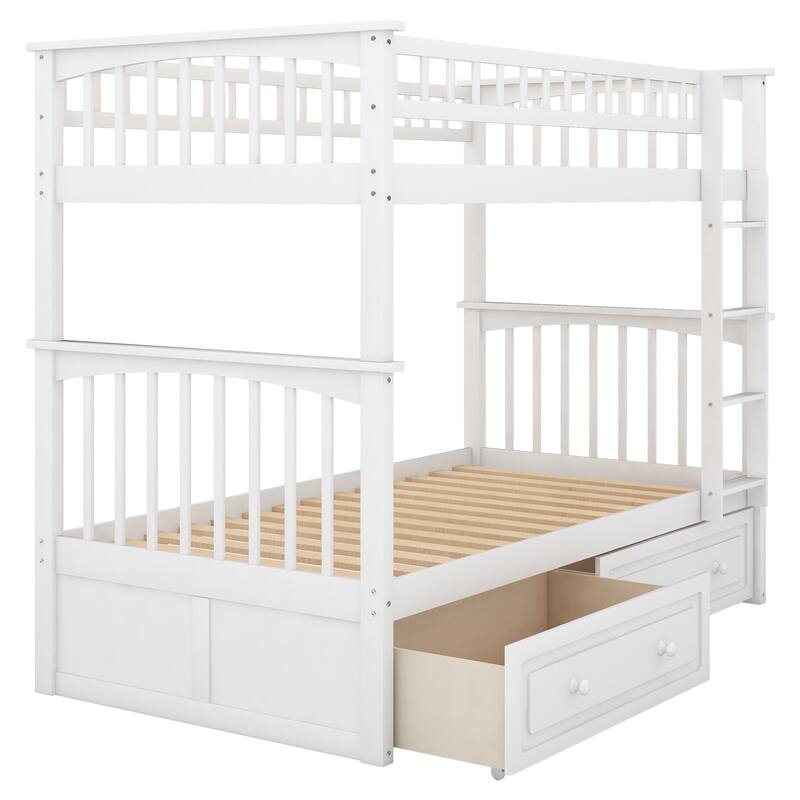 Solid Pine Convertible Bunk Bed with 2 Drawers, Fence Guardrail