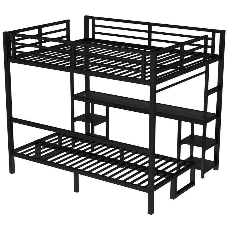 Queen Over Twin XL Metal Bunk Bed/Loft Bed with Desk and Shelves, Multiple Uses Folds into Sofa with LED and USB