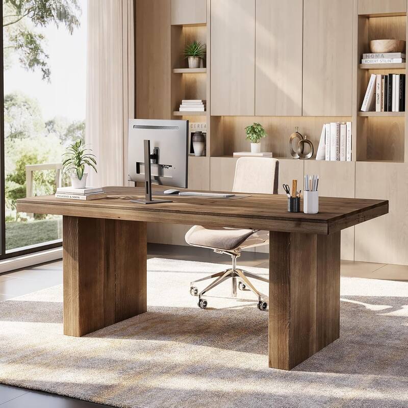 63" Solid Wood Executive Desk with Sturdy Wooden Legs, Rustic Dark Brown - Brown