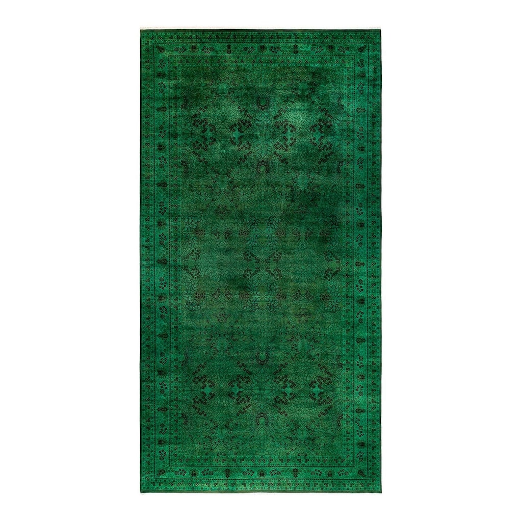 Overton Hand Knotted Wool Vintage Inspired Modern Contemporary Overdyed Green Area Rug - 9' 1" x 18' 1"