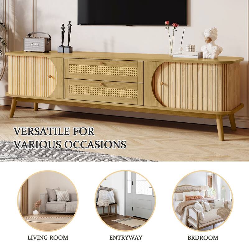Rattan TV Stand for TVs up to 75'', Modern Farmhouse Media Console, Entertainment Center with Solid Wood Legs, TV Cabinet
