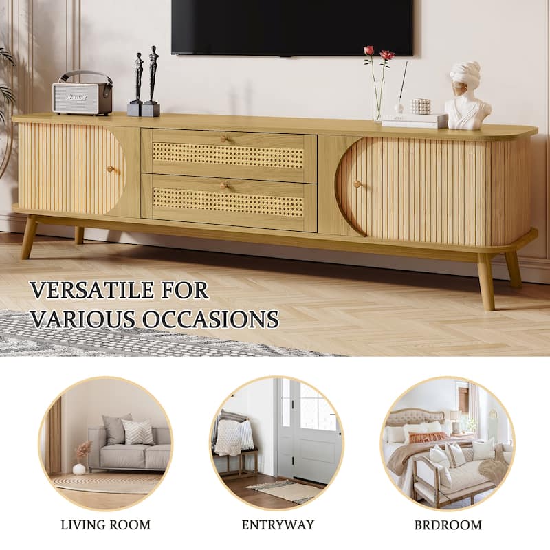 Rattan TV Stand for TVs up to 75'', Modern Farmhouse Media Console, Entertainment Center with Solid Wood Legs
