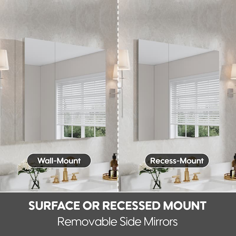 36"W X 30'H Recessed or Surface Wall Mount Bathroom Medicine Cabinet With Adjustable Glass Shelves