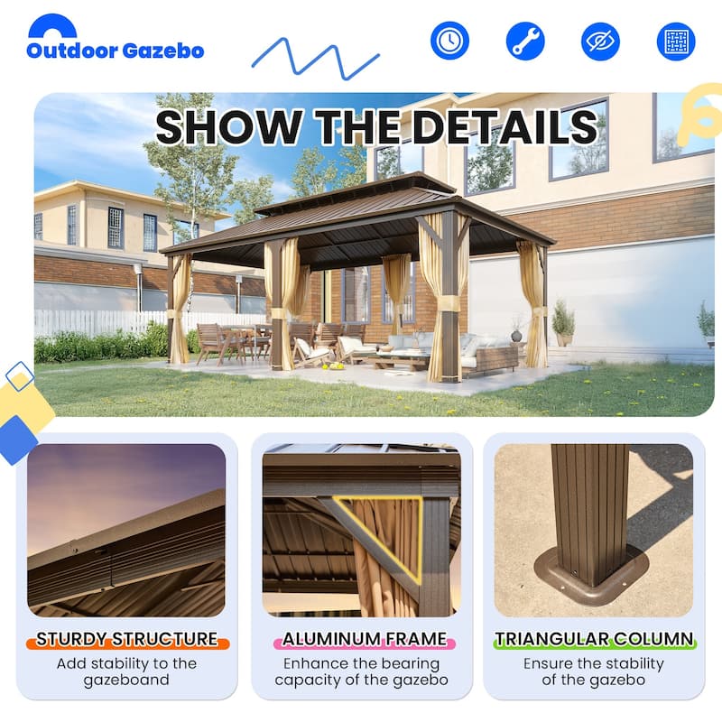 Outdoor 12 x 20 Hardtop Gazebo with Curtains, Shelter with Galvanized Steel Double Roof, Aluminum Frame, and Mesh Netting