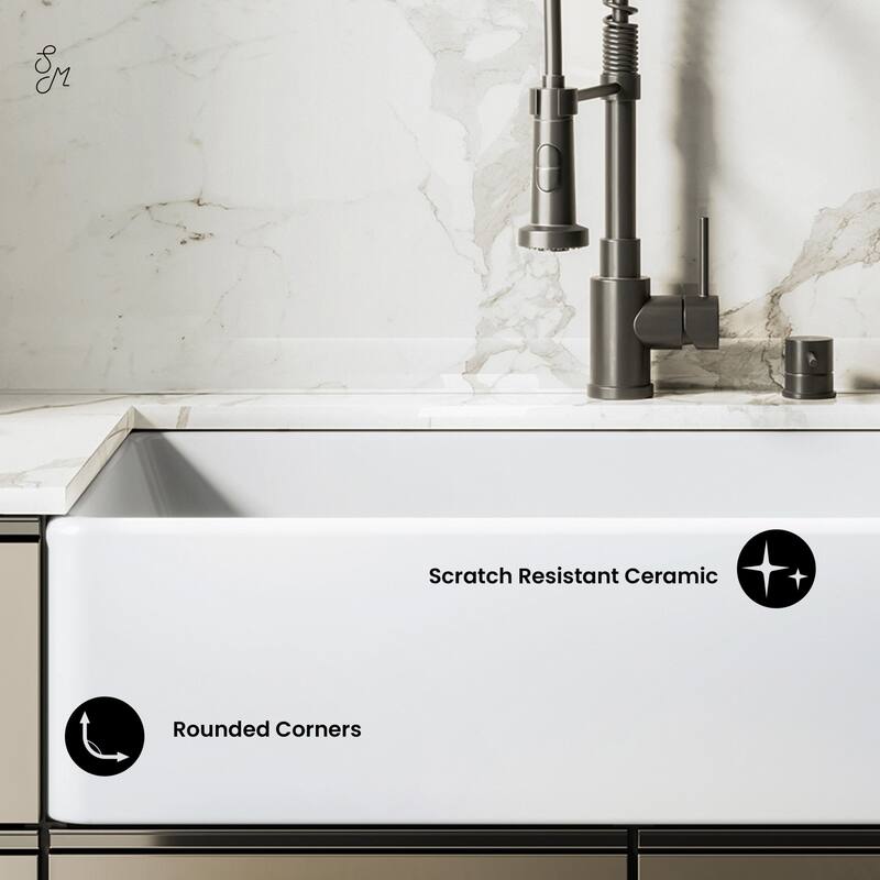 Elegance 36" X 20" Single Basin Fireclay Farmhouse Kitchen Sink In Glossy White With Stainless Steel Grid