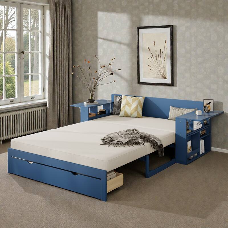 Full Size Daybed with Removable Desk, Storage Drawers & Hydraulic Side Table, Multi-Functional Sofa Bed for Small Spaces