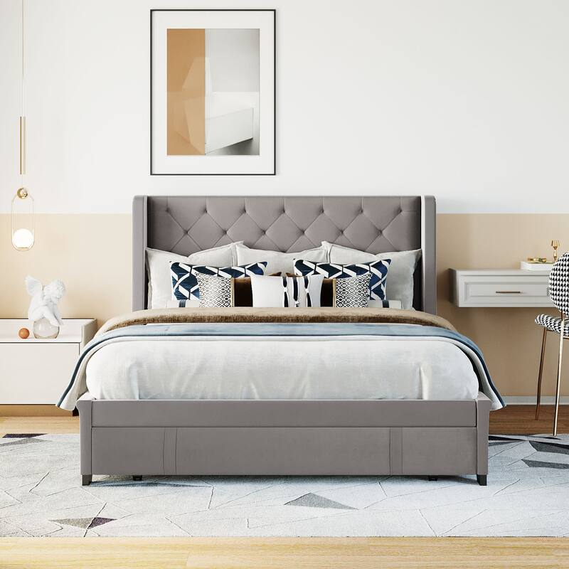 Queen Size Storage Bed Velvet Upholstered Platform Bed with Wingback Headboard and a Big Drawer - Gray