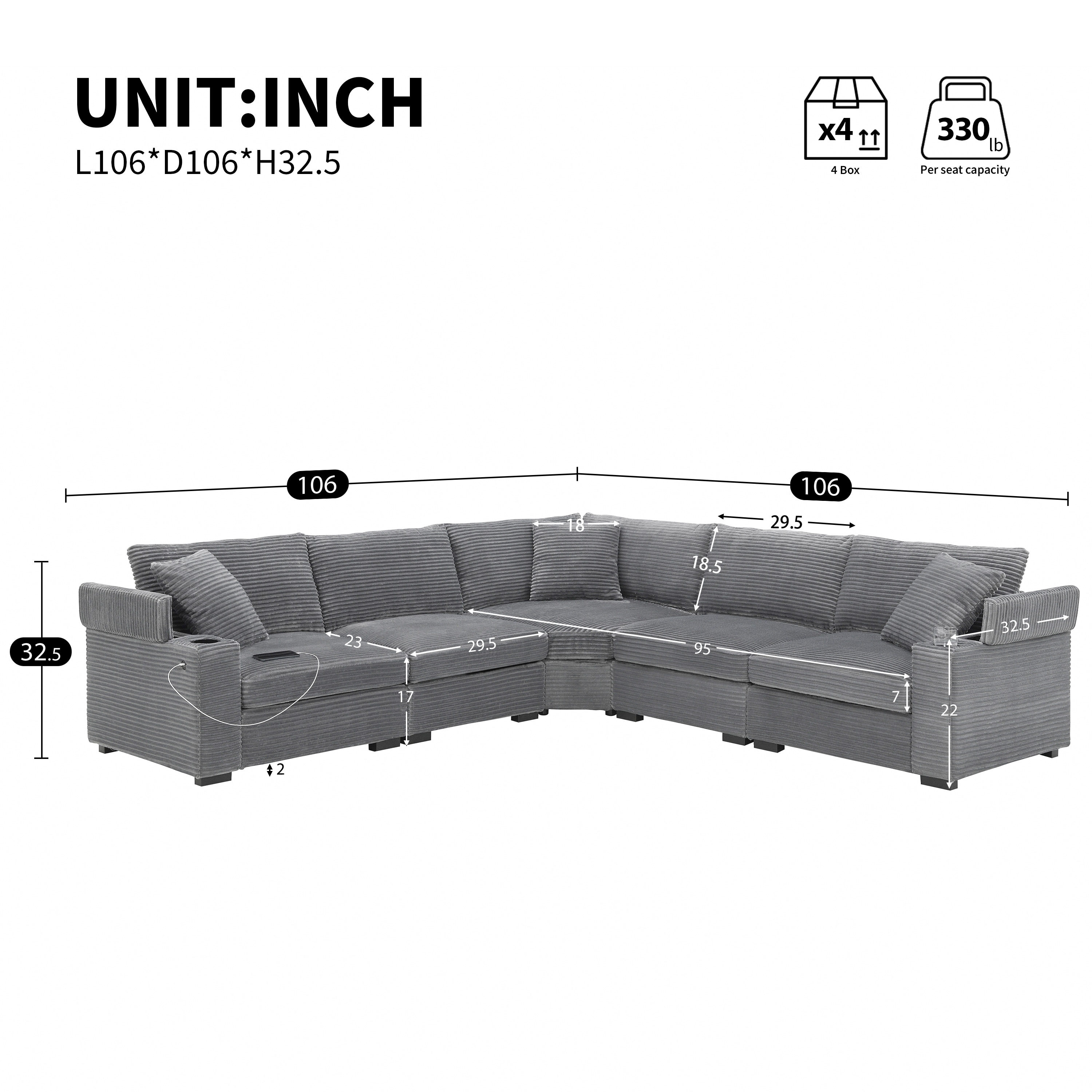 Convertible L Shaped Sectional Sofa, Oversized Corduroy Upholstered Sofa, Modular Corner Sofa with Cup Holders & USB Charger