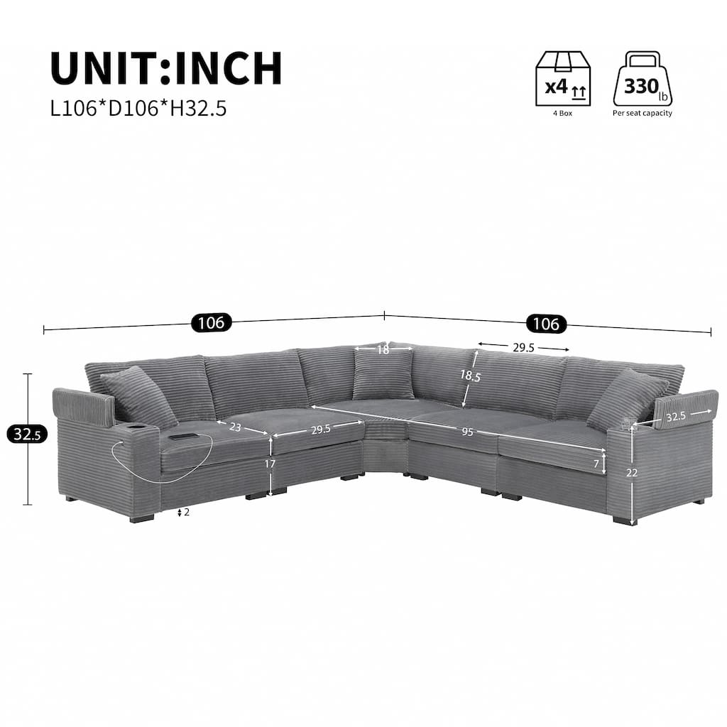 Convertible L Shaped Sectional Sofa, Oversized Corduroy Upholstered Sofa, Modular Corner Sofa with Cup Holders & USB Charger