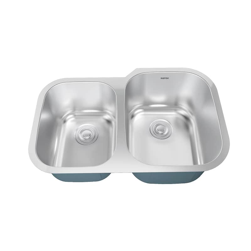 Karran Profile 31" Undermount 18 Gauge Double Offset Bowl Stainless Steel Kitchen Sink with Accessories