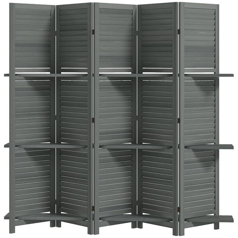 78.75" Wide 5-Panel Foldable Paulownia Wood Room Divider Screen with Built-In Shelves - 78.75" L x 67" H x 0.75" T - Grey