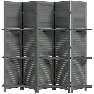 78.75" Wide 5-Panel Foldable Paulownia Wood Room Divider Screen with Built-In Shelves - 78.75" L x 67" H x 0.75" T