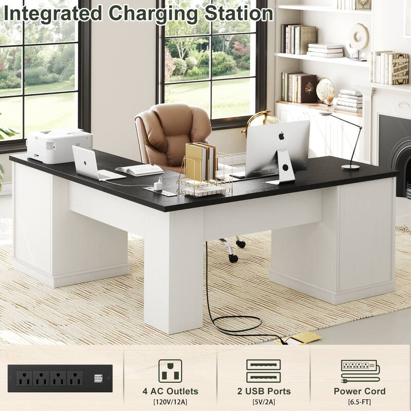 French Country L Shaped Desk with Charging Station, Office Computer Table with File Cabinet
