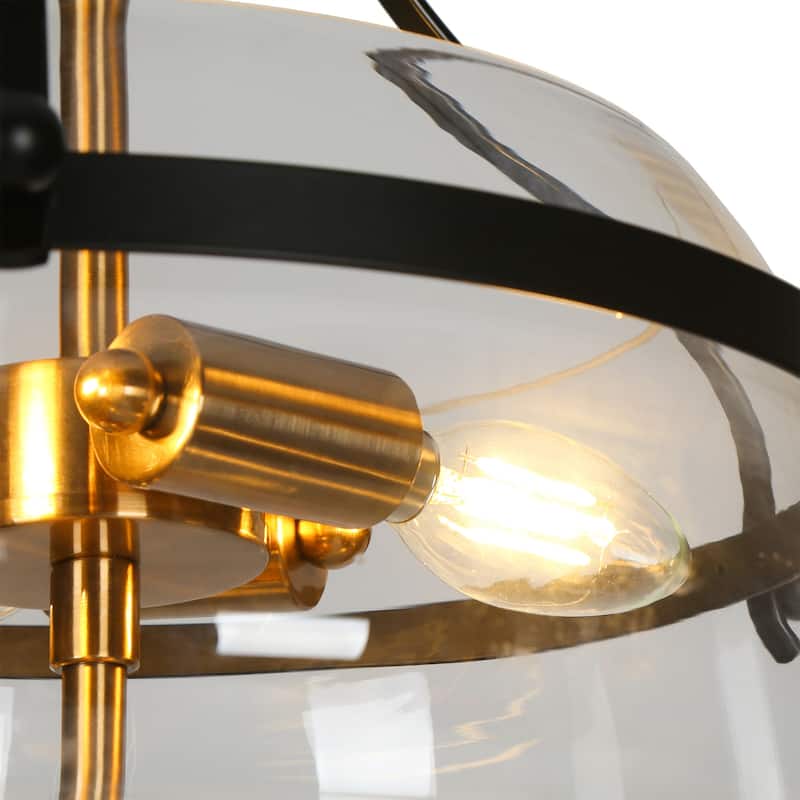 Rella Modern Farmhouse Black Gold Semi Flush Mount Light with Clear Drum Glass for Hallway - D 14" x H 14.6"