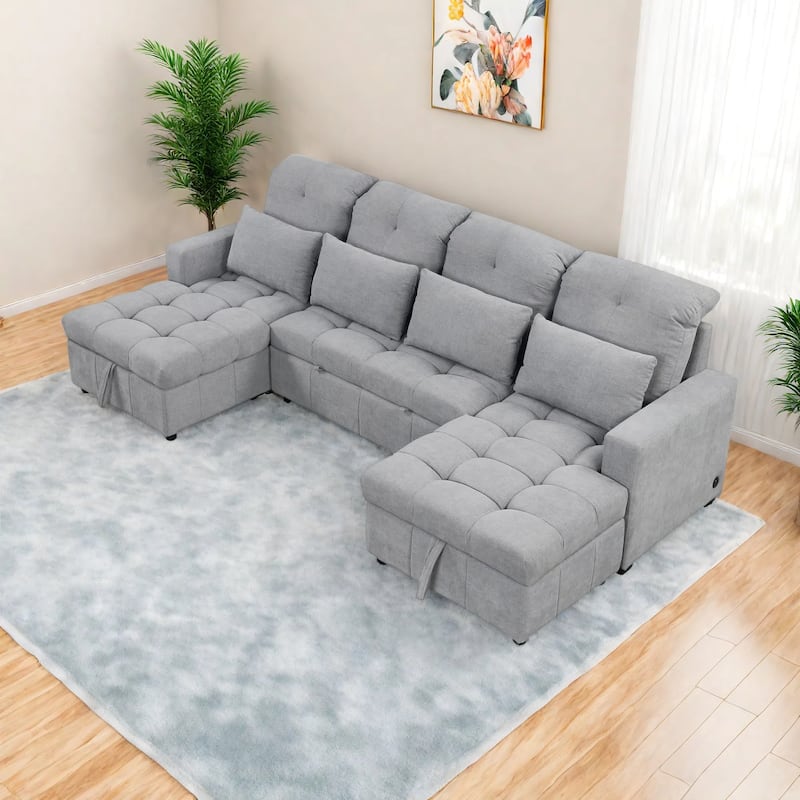110" Oversized Chenille Convertible U-shaped Sectional Sofa with Pull-out Bed, Double Storage Chaise Lounges, and 2 USB Ports