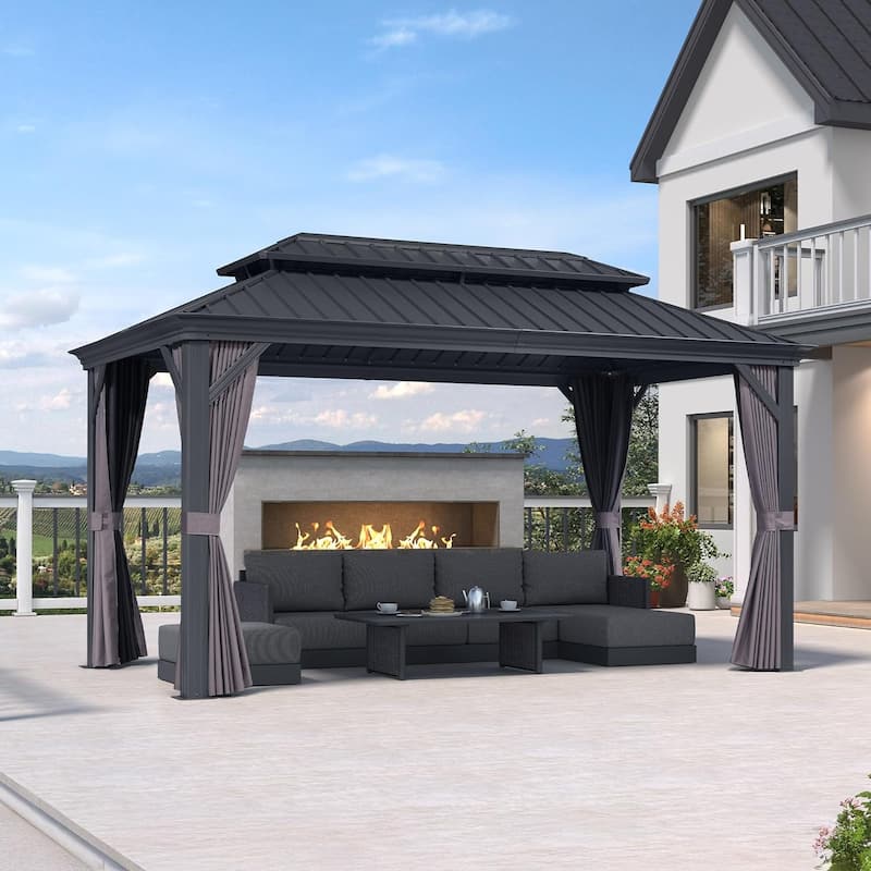 PURPLE LEAF Outdoor Galvanized Steel Hardtop Gazebo, Aluminum Frame Gazebo With Curtains - 11' x 15' - Grey