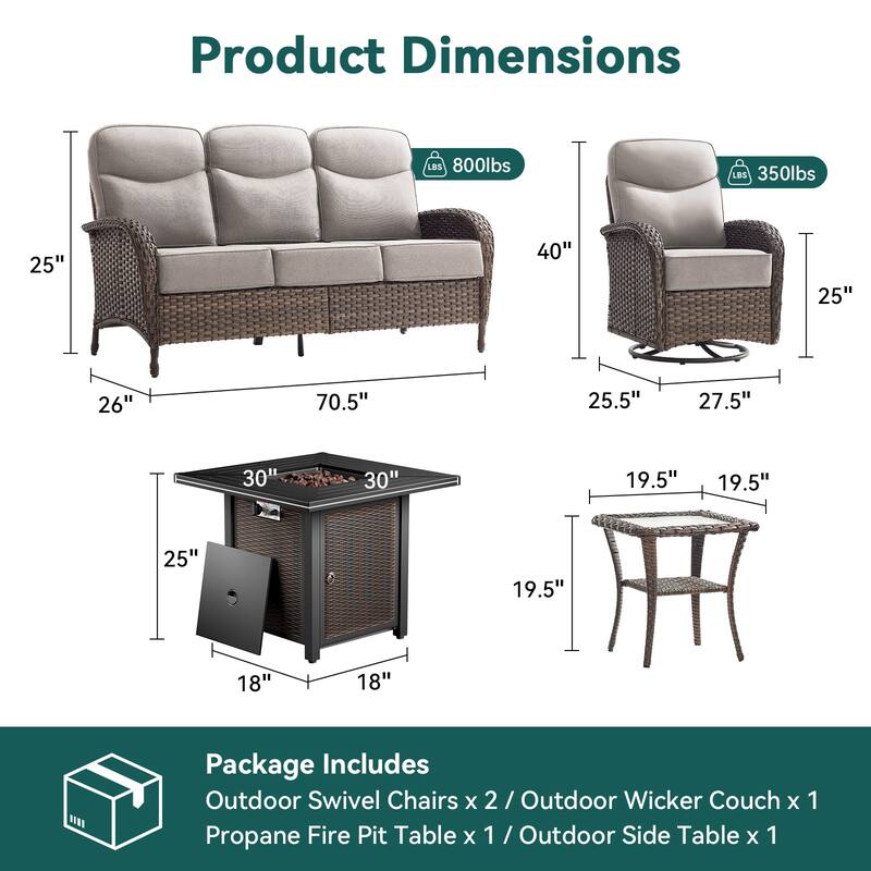 Pocassy Outdoor Sofa Swivel Chair and Ottman with 30in Fire Pit Table