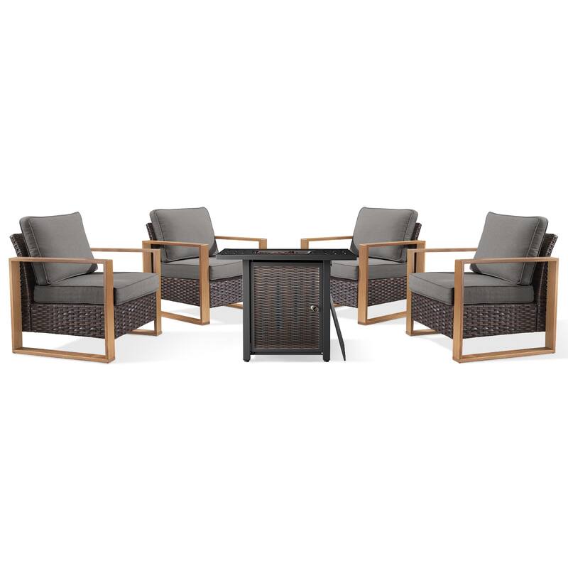 Meyreso 5-Piece Wicker Patio Conversation Set with Metal Fire Pit & Plush 4.5" Olefin Cushions